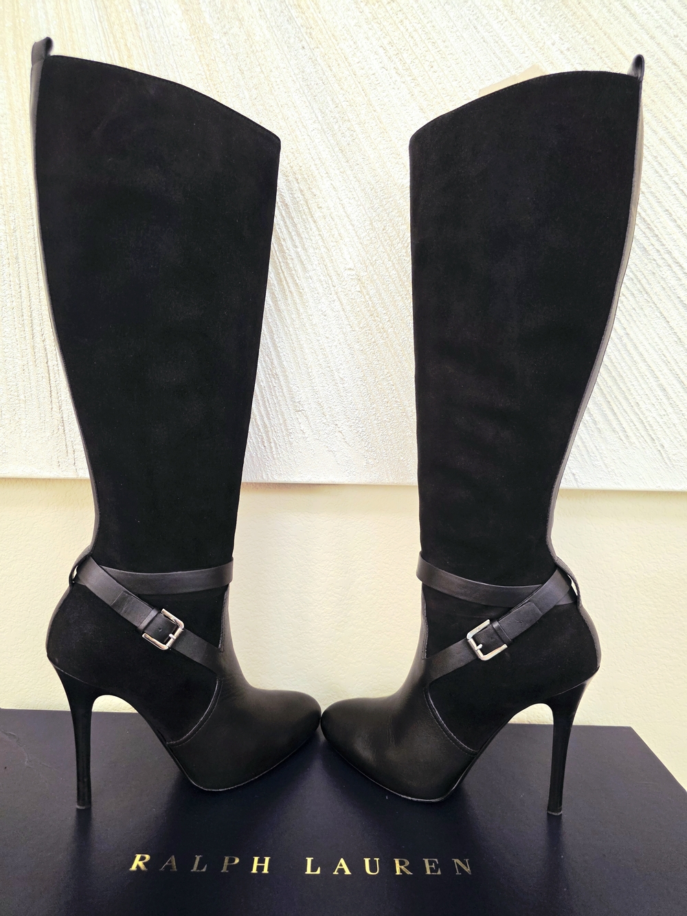 Ralph Lauren Black Leather & Suede Knee-High Stiletto Buckle Boots - Size US 8.5 - Picture 3 of 16
